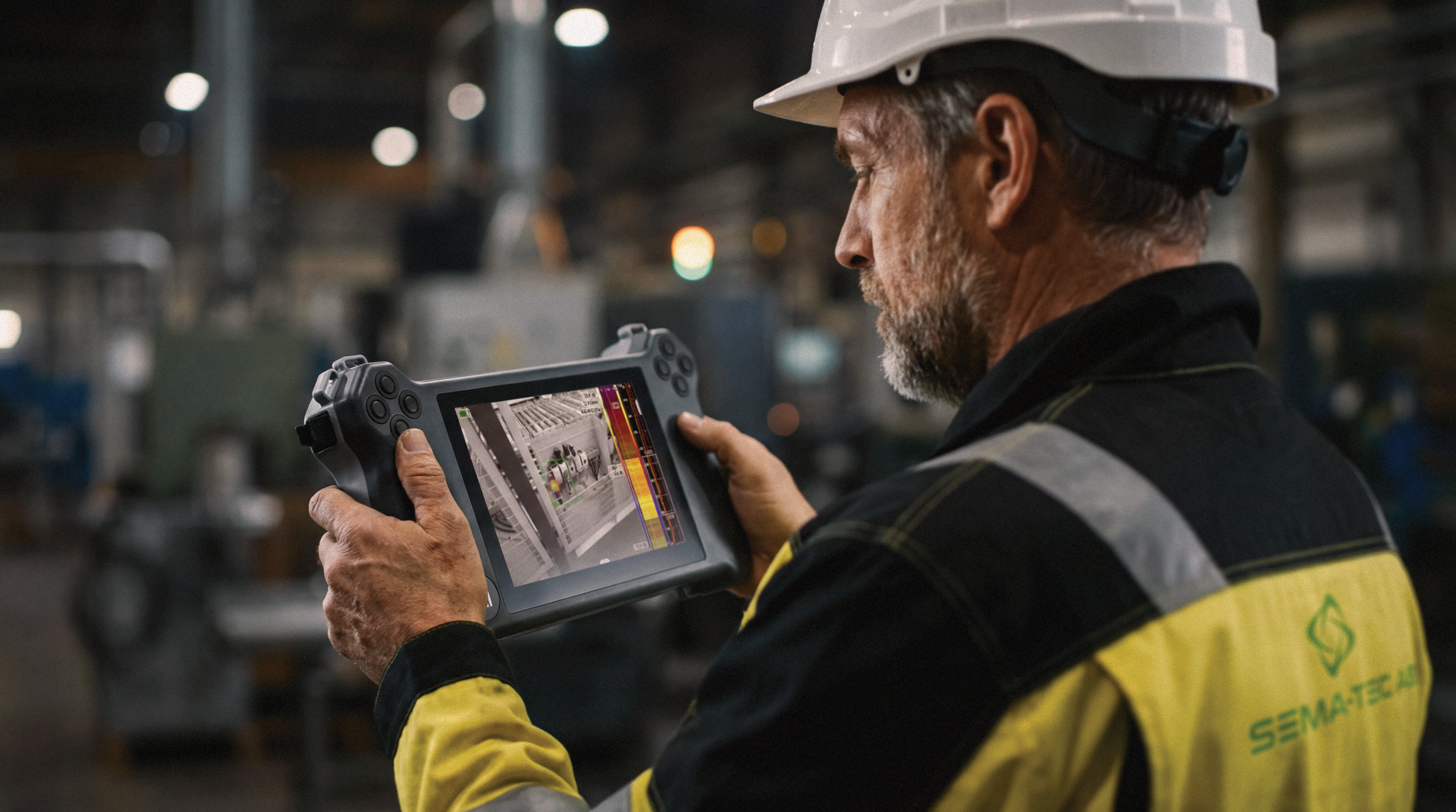 Tekniker med Sonascreen ultraljudskamera från SEMA-TEC för läcksökning i industrilokal